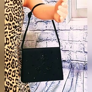 SASHA VINTAGE BLACK NYLON BEADED ROSE HANDBAG AND CROSSBODY IN ONE